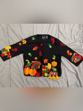Michael Simon Black Thanksgiving Appliqué Cardigan